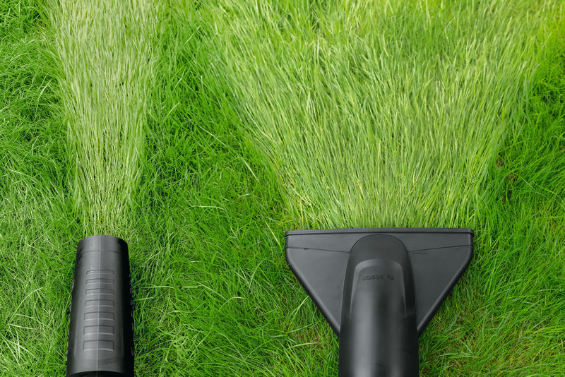 Laubbläser und Rasensauger schaffen freie Wege durch grünes Gras. Anwendungsbild