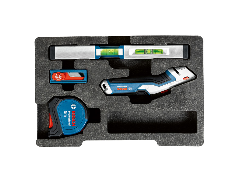 13-teiliges Handwerkzeugset von Bosch mit Maßband und Laser-Entfernungsmesser. Produktbild