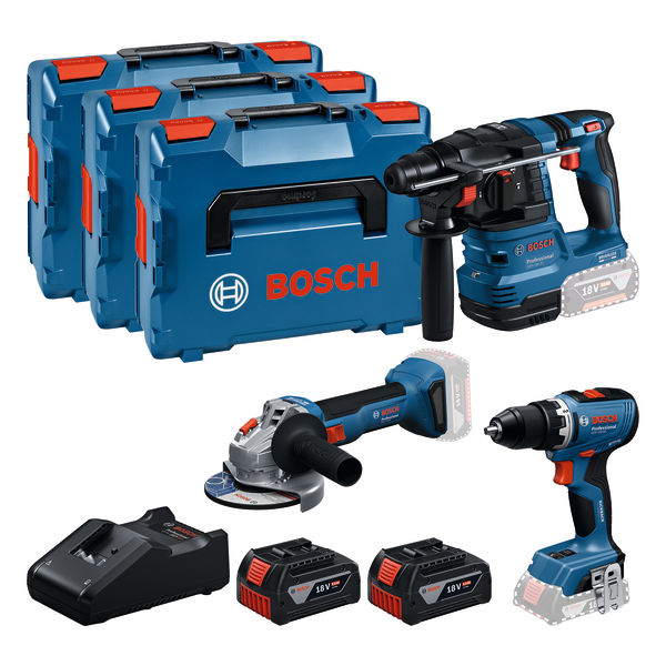 Bosch 18 V 3er-Werkzeugsatz-Kombi mit Bohrmaschine, Schleifmaschine und Hammer. Produktbild