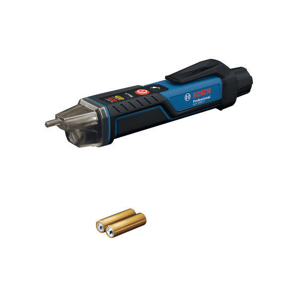 Spannungsprüfer GVD 1000-1 von Bosch mit zwei AAA-Batterien. Produktbild Lieferumfang