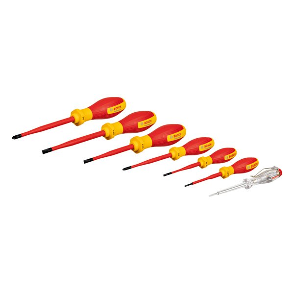 Bosch VDE-Schraubendrehersatz SL/PH, 7-teilig, isolierte Griffe. Produktbild Lieferumfang