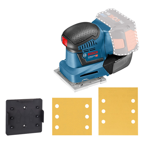 Bosch GSS 18V-10 Akku-Exzenterschleifer mit Schleifblättern. Produktbild Lieferumfang