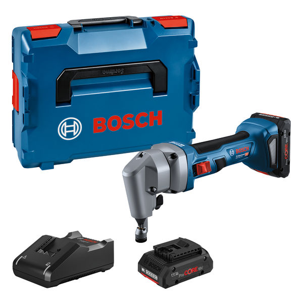 Bosch GNA 18V-16 Akku-Knabber mit Koffer und Ladegerät. Produktbild Lieferumfang