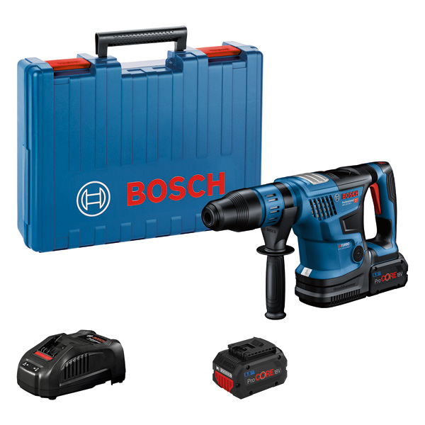 Bosch Bohrhammer GBH 18V-36 C mit Akku, Ladegerät und Koffer. Produktbild Lieferumfang