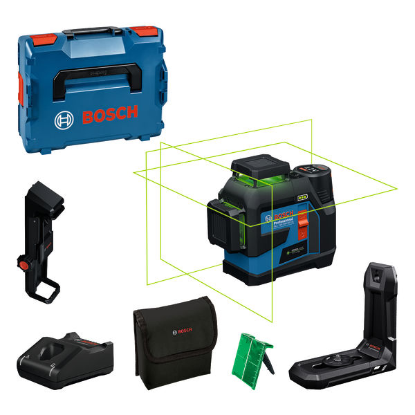 Bosch GLL 12V-100 Laser-Nivelliergerät mit Zubehör. Produktbild Lieferumfang