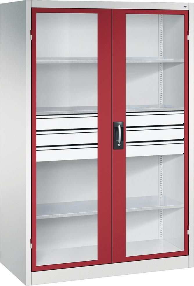 C+P Flügeltürenschrank A-curado mit Sichtfenster 4Fachböden B1200xT600xH19-50mm RAL7035/5012