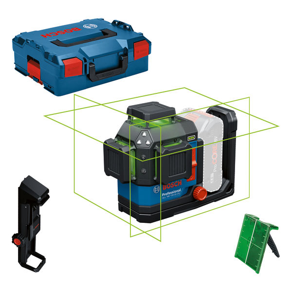 Bosch Laser-Nivelliergerät mit Tragetasche und Zubehör. Produktbild Lieferumfang