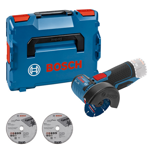 Bosch GWS 12V-76 Akku-Winkelschleifer-Set. Produktbild Lieferumfang
