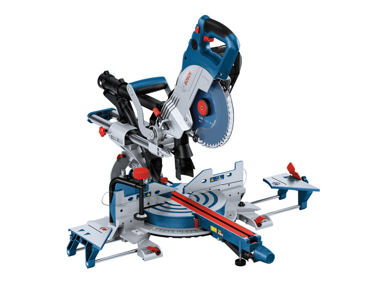 Akku-Gehrungssäge GCM 18V-216 DC von Bosch mit 216-mm-Sägeblatt. Produktbild dynamisch