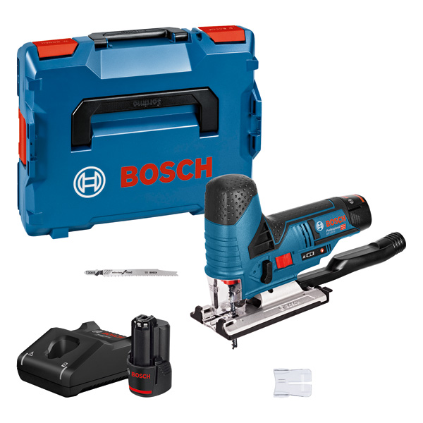 Bosch GST 12V-70 Akku-Stichsäge mit Akku, Ladegerät und Koffer. Produktbild Lieferumfang