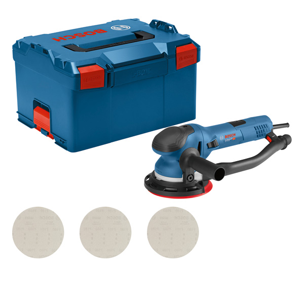 Bosch GET 75-150 Exzenterschleifer mit Koffer. Produktbild Lieferumfang