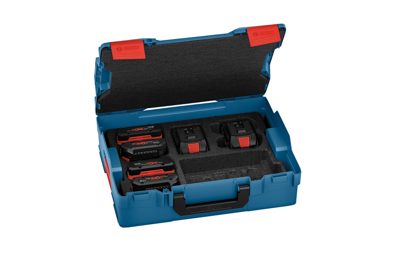 Bosch ProCORE18V Akkupack-Set mit Ladegeräten im Koffer. Produktbild dynamisch