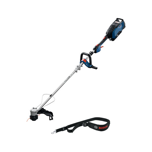 Akku-Rasentrimmer GRT 18V-40 von Bosch mit Schultergurt. Produktbild Lieferumfang