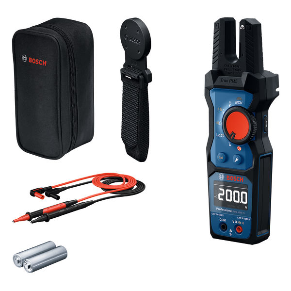 Bosch GFM 1000 Digitalmultimeter mit Sonden und Tragetasche. Produktbild Lieferumfang