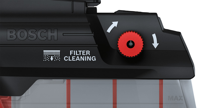 Staubsauger Bosch GDE 28 D mit Filterreinigungsknopf. Produkt-Detailbild