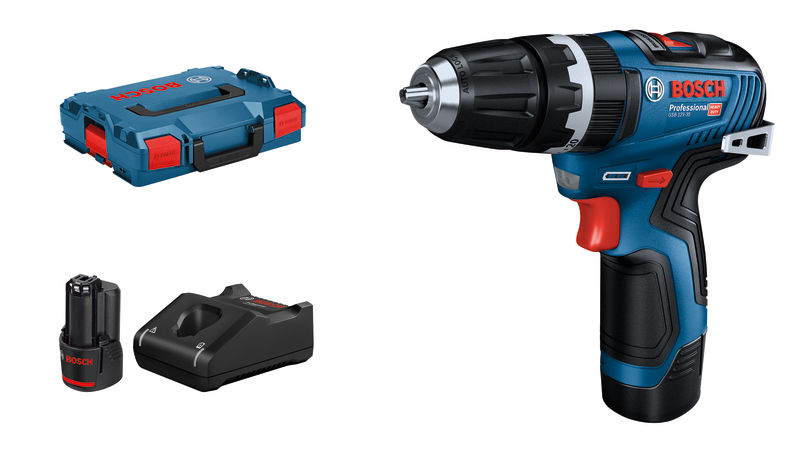 Bosch GSB 12V-35 Akku-Bohrschrauber-Set mit Akku und Koffer. Produktbild Lieferumfang