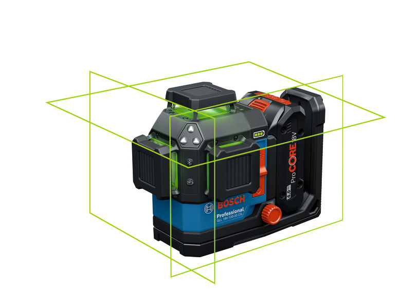 Bosch GLL 18V-120-33 CG Laser-Nivelliergerät mit grünen Linien. Produktbild dynamisch