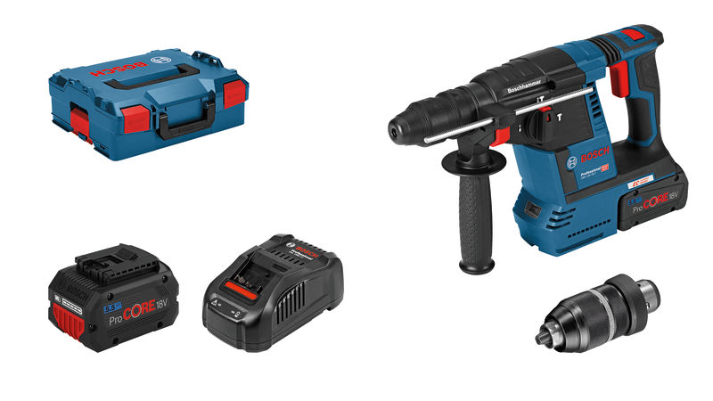 Bosch GBH 18V-26 F Bohrhammer mit ProCORE Akku-Set. Produktbild Lieferumfang