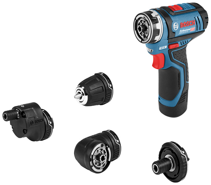 Bosch GSR 12V-15 FC Akku-Bohrschrauber-Set mit vier Aufsätzen. Produktbild dynamisch
