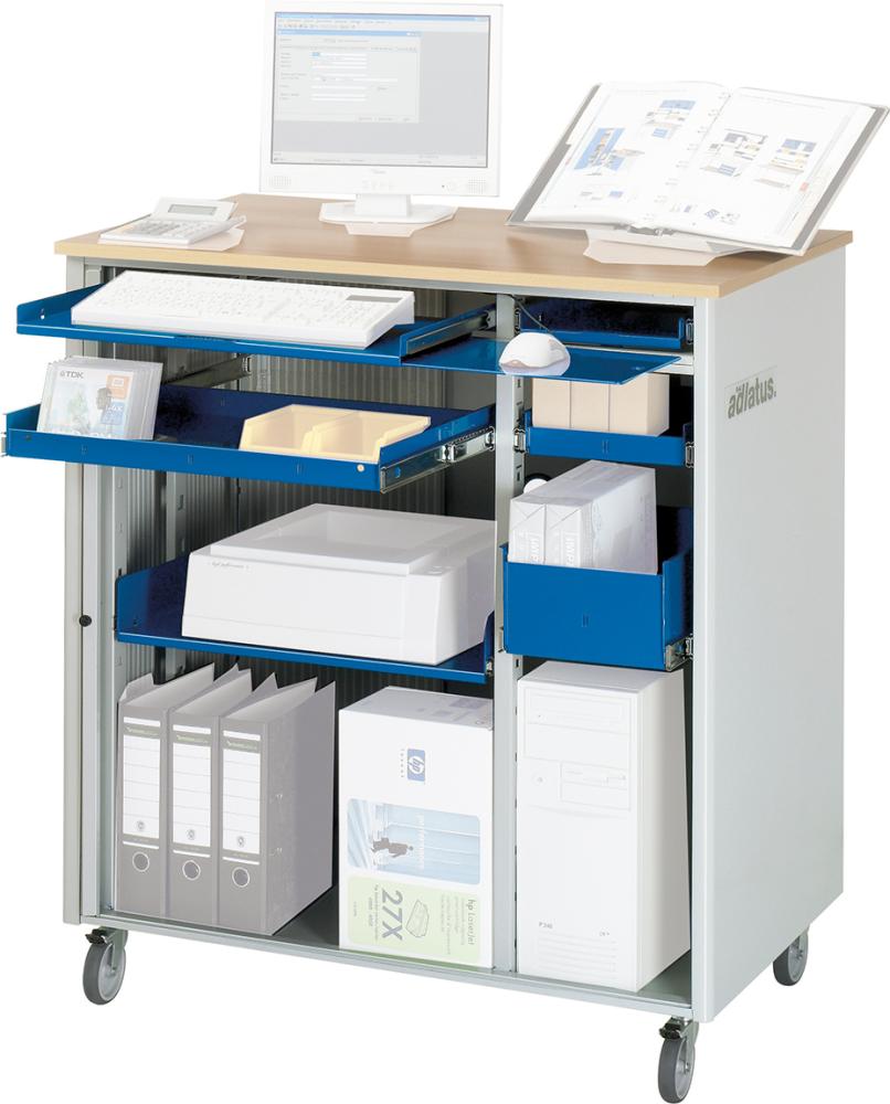 Computer-Tisch B1030xT660xH1100 mm RAL 7035/5010 mobil ohne Monitorgehäuse