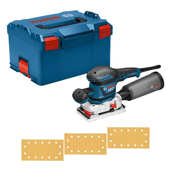 Bosch GSS 230 AVE Schwingschleifer mit Staubbox und Koffer. Produktbild Lieferumfang