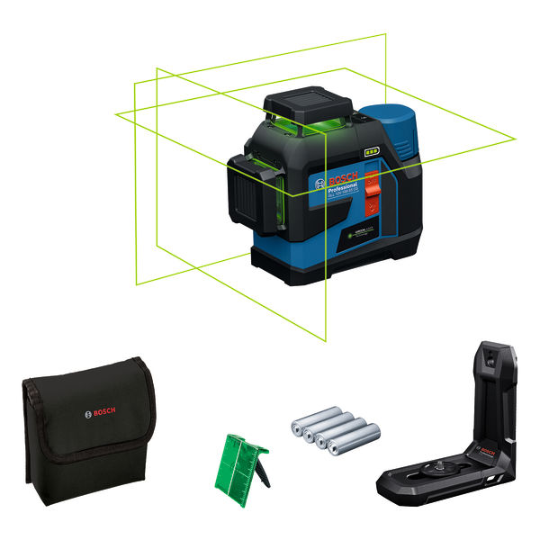 Bosch GLL 12V-100 Laser-Nivelliergerät mit grünen Linien. Produktbild Lieferumfang
