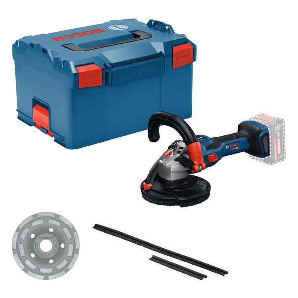 Bosch GBR 18V-15 S Wandschleifer mit Koffer und Zubehör. Produktbild Lieferumfang