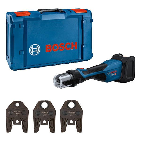 Akku-Presswerkzeug 18V-32 von Bosch mit Koffer und Backen. Produktbild Lieferumfang