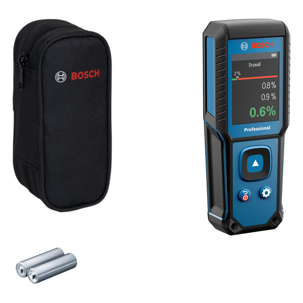 Bosch GMM 1-15 Feuchtigkeitsmessgerät mit Koffer und Batterien. Produktbild Lieferumfang