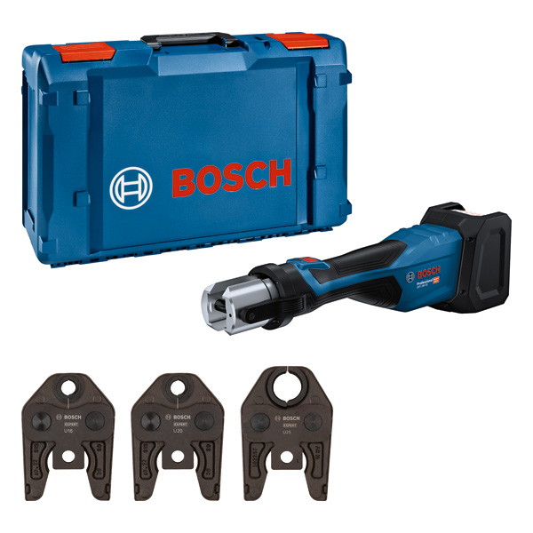 Akku-Presswerkzeug 18V-32 von Bosch mit Koffer und Backensätzen. Produktbild Lieferumfang