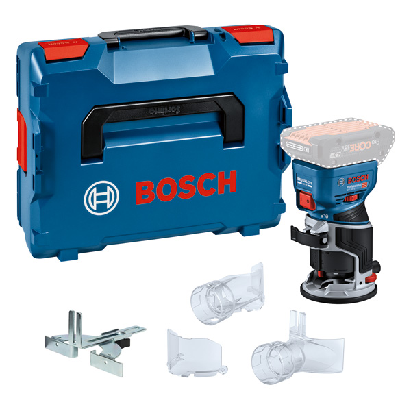Bosch GKF 18V-8 Akku-Oberfräse mit Koffer und Zubehör. Produktbild Lieferumfang