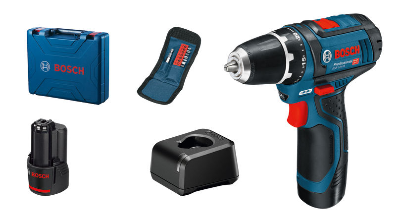 Bosch GSR 12V-15 Akku-Bohrschrauber-Set mit Zubehör. Produktbild Lieferumfang