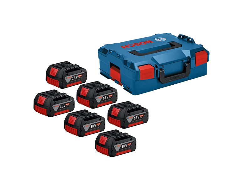 Bosch 6x 18V 4Ah Akkus mit L-BOXX Koffer. Produktbild dynamisch