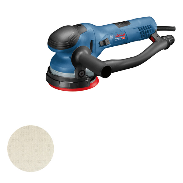 Bosch GET 55-125 Exzenterschleifer mit Staubabsaugung. Produktbild Lieferumfang
