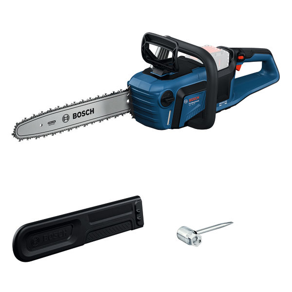 Akku-Kettensäge GKE 18V-40 von Bosch mit Abdeckung und Werkzeug. Produktbild Lieferumfang
