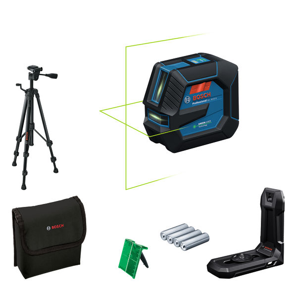 Bosch GLL 2-22 G Laser-Nivelliergerät mit Stativ und Koffer. Produktbild Lieferumfang