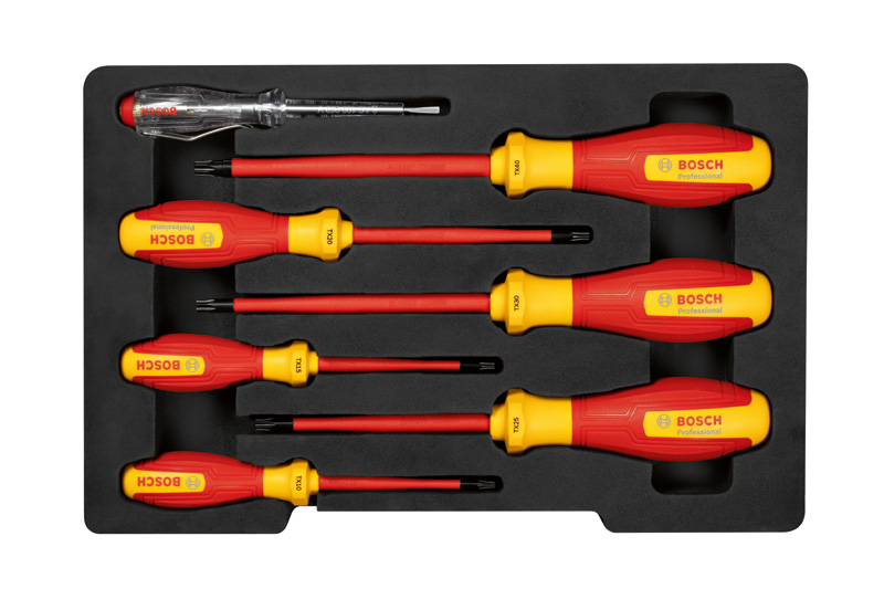 7-teiliger isolierter VDE-Schraubendrehersatz von Bosch für Elektroarbeiten. Produktbild