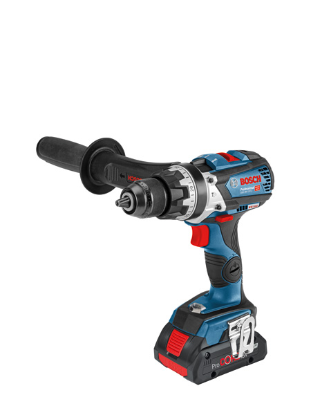 Akku-Schlagbohrschrauber GSB 18V-110 C von Bosch mit Seitengriff. Produktbild dynamisch