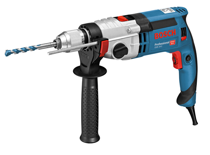 Bosch GSB 24-2 Schlagbohrmaschine mit ergonomischem Griff. Produktbild dynamisch
