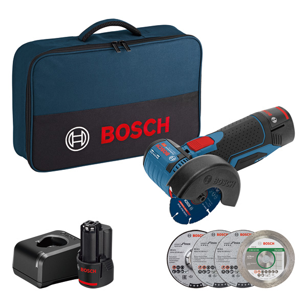 Bosch GWS 12V-76 Akku-Winkelschleifer-Set. Produktbild Lieferumfang