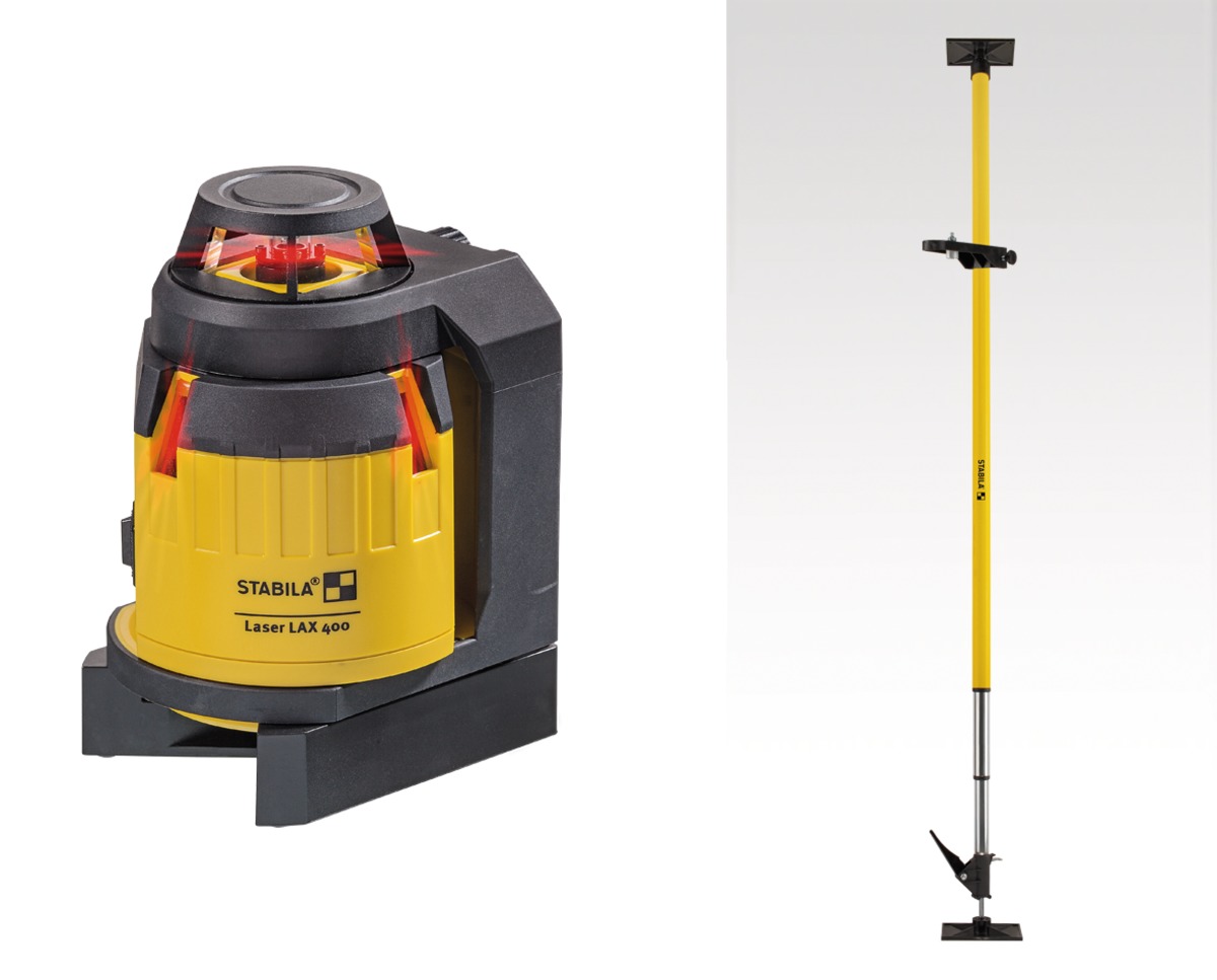STABILA Kreuzlinienlaser LAX 400, selbstnivellierend, 360°-Horizontal-Linie, 2 Vertikal-Linien, Lotfunktion, Reichweite (sichtbare Linie): 20 m, Laser-Teleskopstütze, Tragekoffer STD