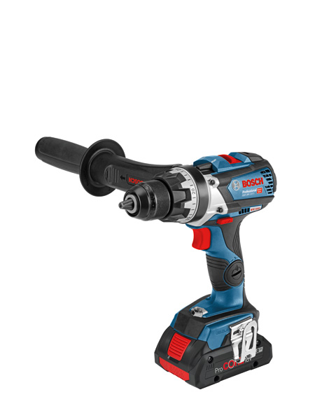 Akku-Bohrschrauber GSR 18V-110 C von Bosch mit Seitengriff. Produktbild dynamisch