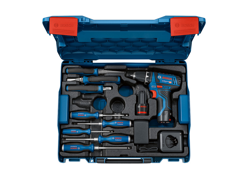 Bosch GSR 12V-15 Professional Kombi-Set mit Handwerkzeugen. Produktbild