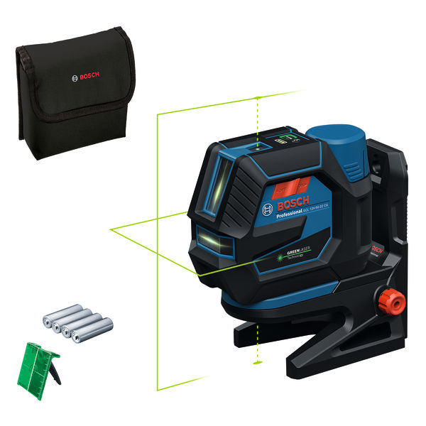 Grünes Laser-Nivelliergerät GCL 12V-50 von Bosch . Produktbild Lieferumfang