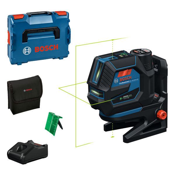 Bosch GCL 12V-50 Laser-Nivelliergerät mit Koffer und Zubehör. Produktbild Lieferumfang