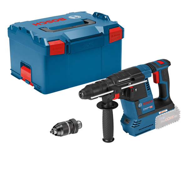 Bosch GBH 18V-26 Bohrhammer mit Koffer und zusätzlichem Bohrfutter. Produktbild Lieferumfang