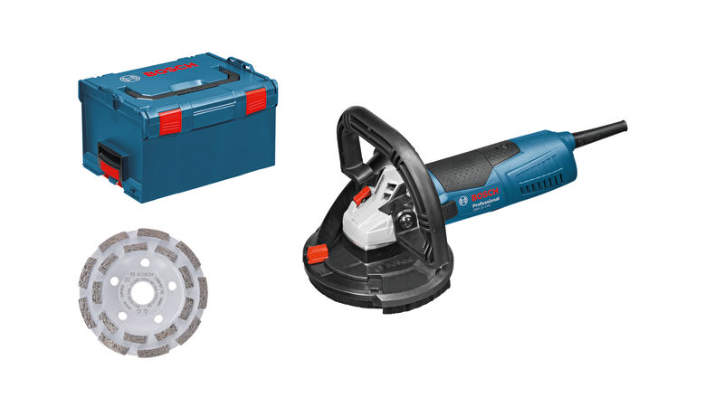 Betonschleifer GBR 15 CAG von Bosch mit Koffer und Diamantscheibe. Produktbild Lieferumfang