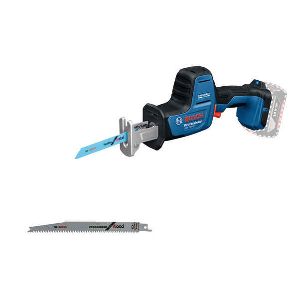 Akku-Säbelsäge GSA 18V-24 von Bosch mit zwei Sägeblättern. Produktbild