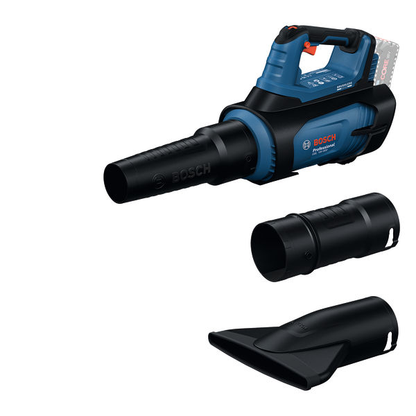 Bosch Akku-Gebläse GBL 18V-800 mit Düsenaufsätzen. Produktbild Lieferumfang