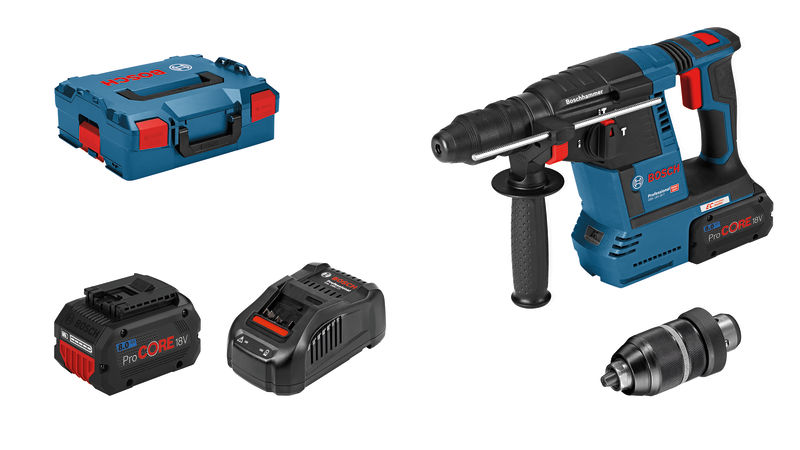 Bosch GBH 18V-26 Bohrhammer mit Akku und Koffer. Produktbild Lieferumfang